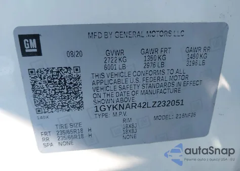 2020 Cadillac Xt5 Fwd Luxury from USA, damaged, VIN 1GYKNAR42LZ232051